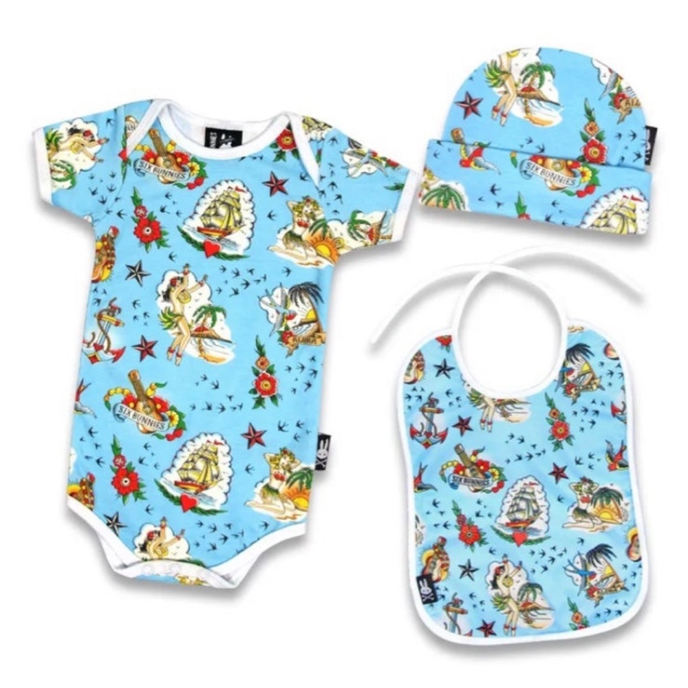 Baby Gift Set Aloha Romper Bib Hat Retro Vintage Tattoos Nautical Hula 3-6M NWT